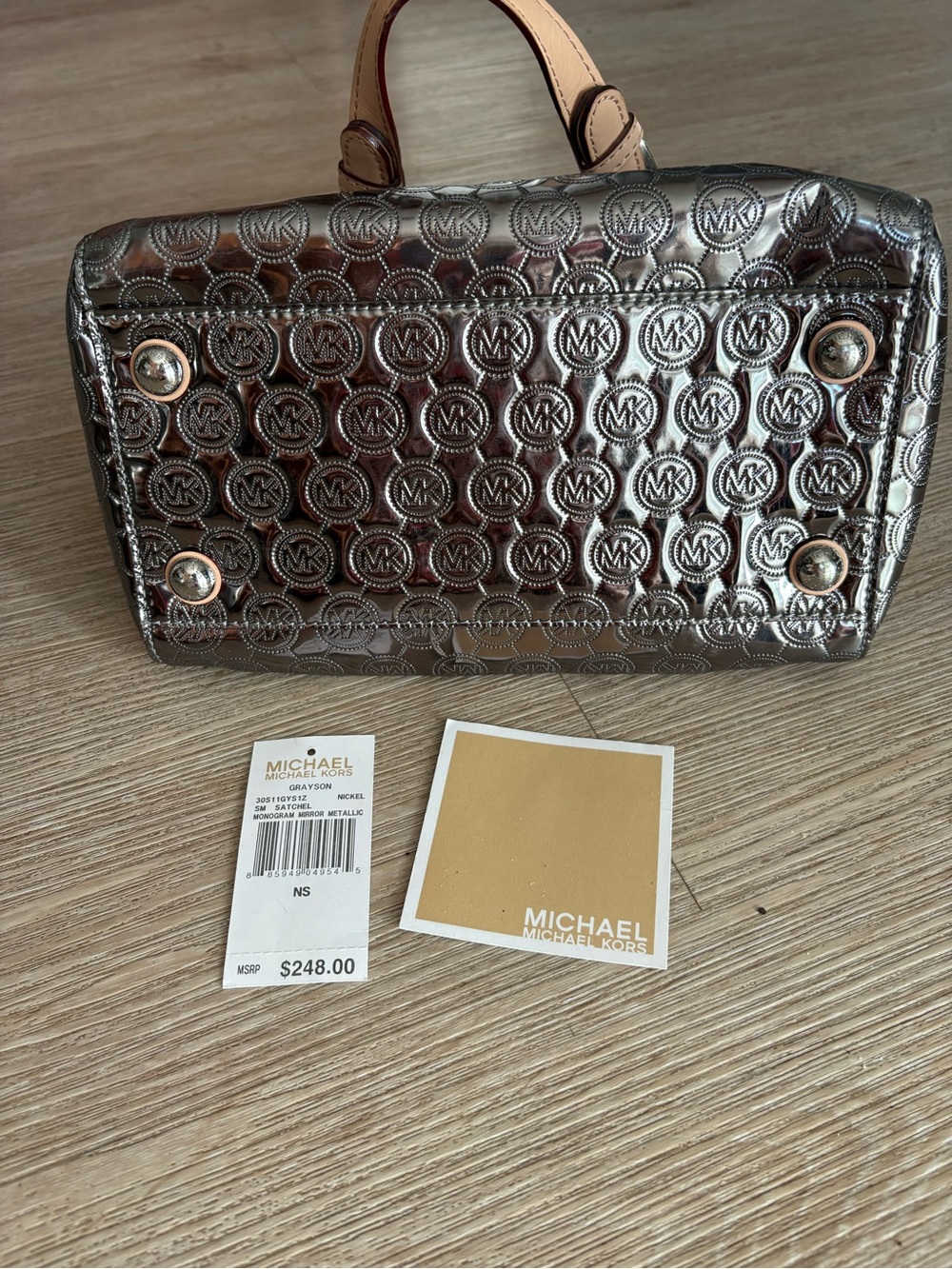 Michael Kors Metallic Silver Satchel with Tan Leather Handles - Picture 3 of 3
